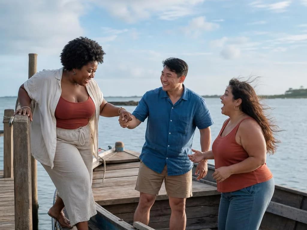 Three friends helping one another onto a small boat