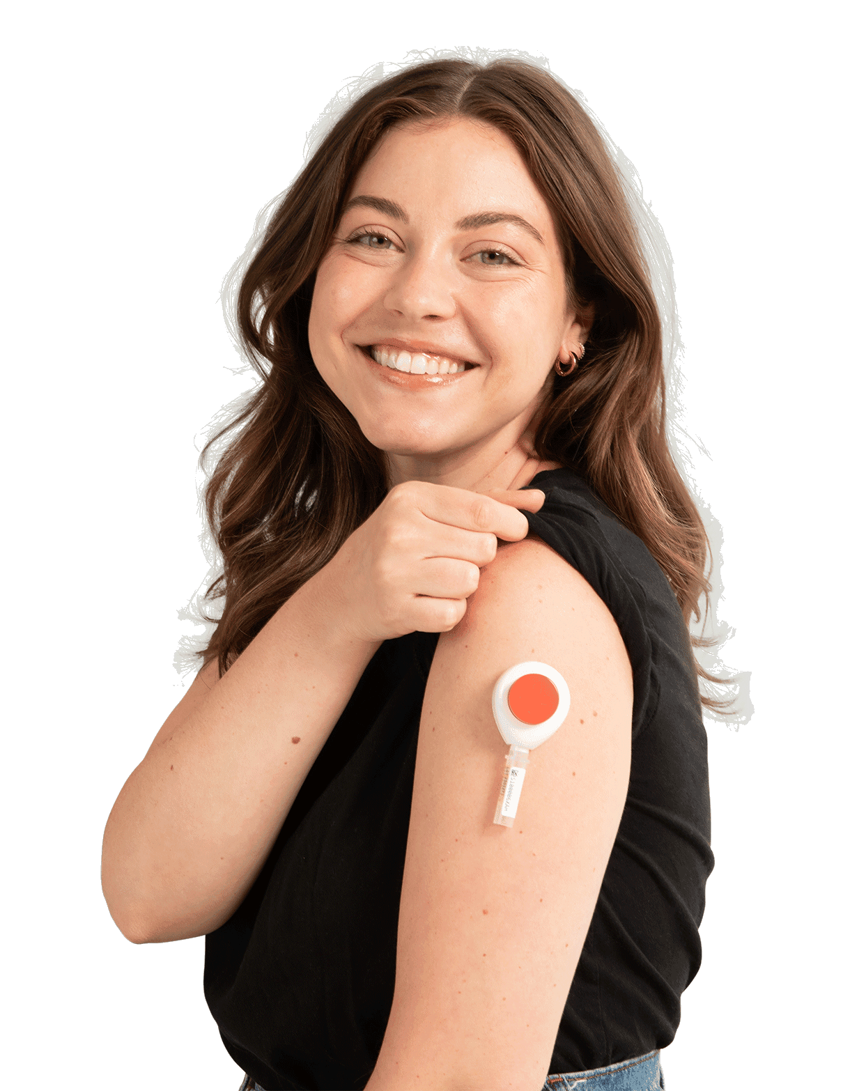 Woman smiling with an at-home collection device visible on her upper arm