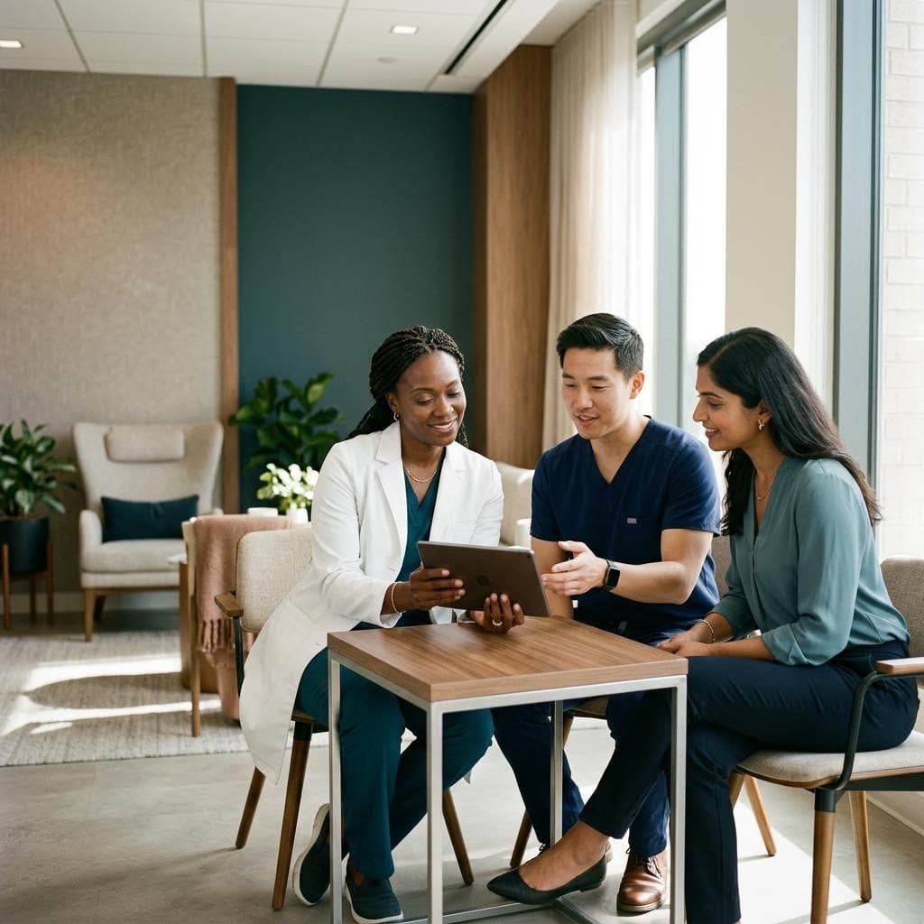 Three diverse healthcare professionals reviewing a tablet together in a bright clinic