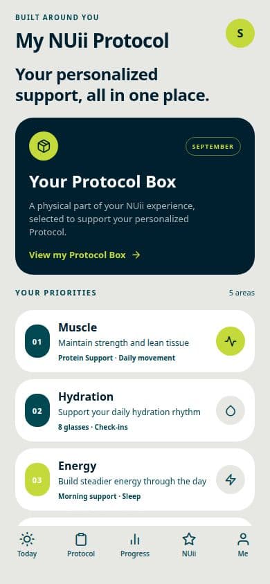 NUii mobile app Protocol screen showing personalized priorities