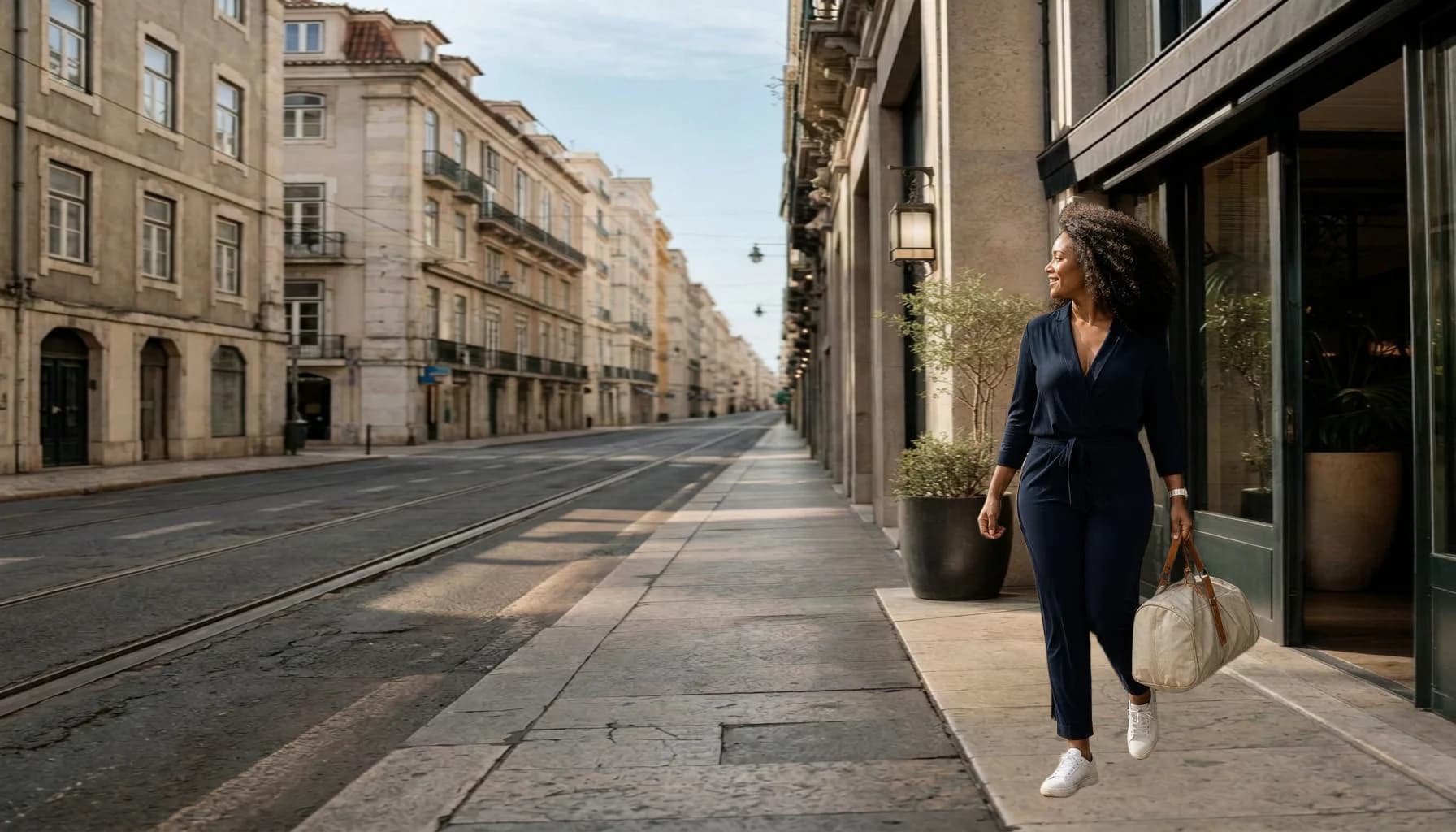 Woman leaving a city hotel with a weekend bag