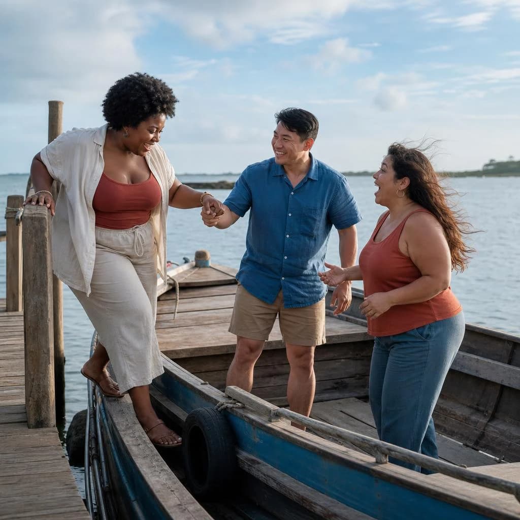 Three friends helping one another onto a small boat