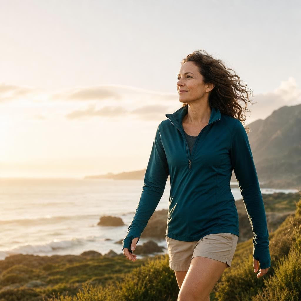 Woman hiking along a coastal trail at sunrise