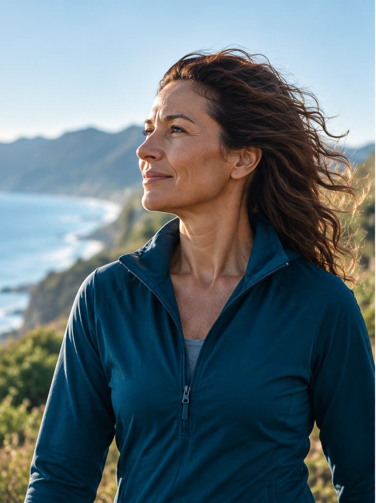 Woman overlooking a coastal mountain landscape