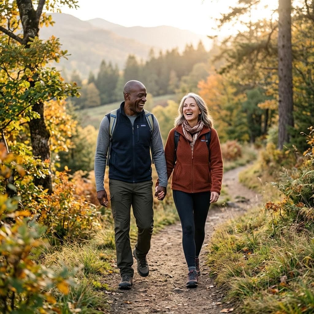 Black man and white woman hiking together
