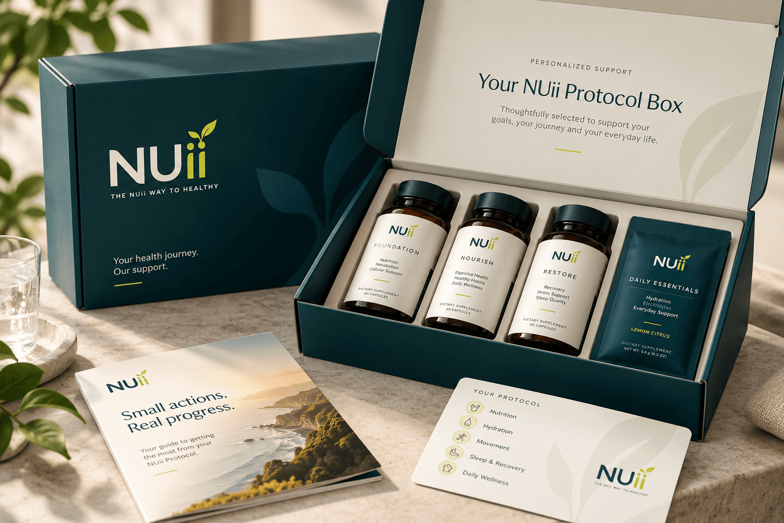 Illustrative NUii Protocol Box with open packaging and sample wellness materials; products and contents are not final